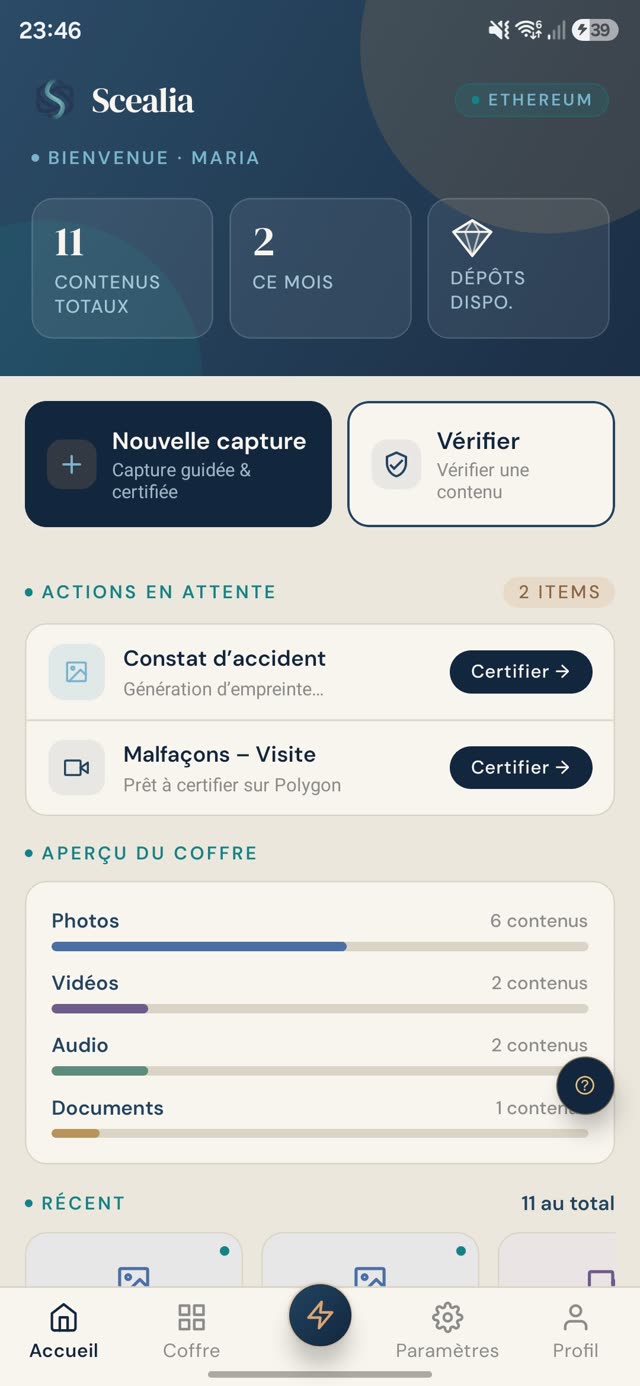 Aperçu de l'application Scealia
